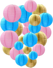 Gender Reveal Decorations: Pink, Blue, Gold Paper Lanterns for Baby Shower, Birt