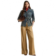 NWT 225 Lauren Ralph Lauren Women's Pleated Cotton Twill Wide-Leg Pants Tan 12