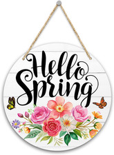 Hello Spring Welcome Door Sign Decor, Vintage Flowers Wooden Hanging Sign, Sprin