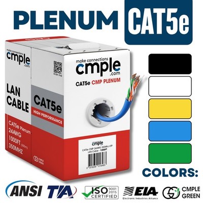 Cat5e Ethernet Cable 1000ft Plenum CMP Solid 24AWG UTP 350MHz Easy Pull Bulk