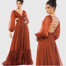 NWOT Ieena for Mac Duggal 67948 Chiffon Cut Out Long Sleeve Lace Up Dress Formal