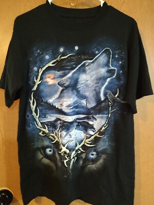 Liquid Blue Wolf Howling Moon Tribal Black Double Sided Graphic Size Medium