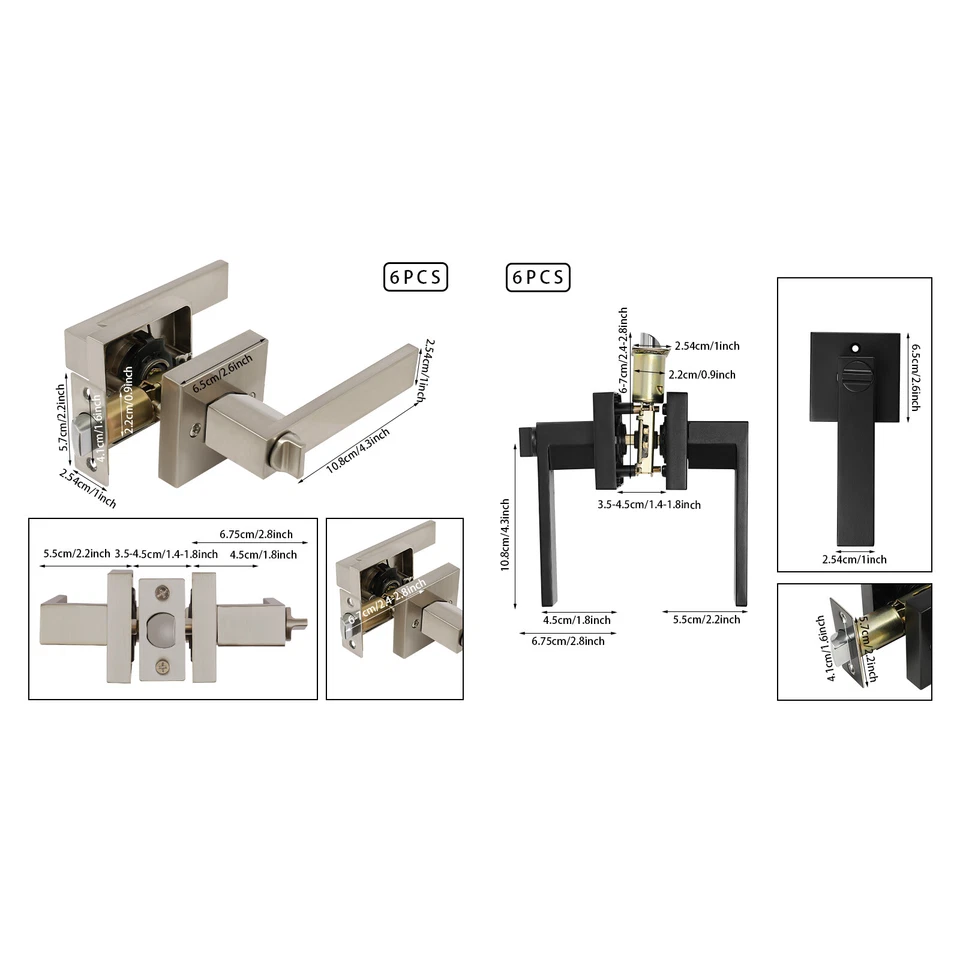 Pacote com 6 fechaduras de porta de privacidade alças de passagem de níquel escovado trava de entrada alavancas com chave - Imagem 3 de 4