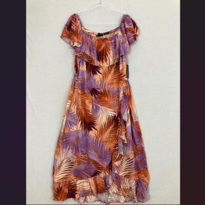New Bold Elements Purple Red Tropical Ultra Soft Flowy Midi Dress XL Resort