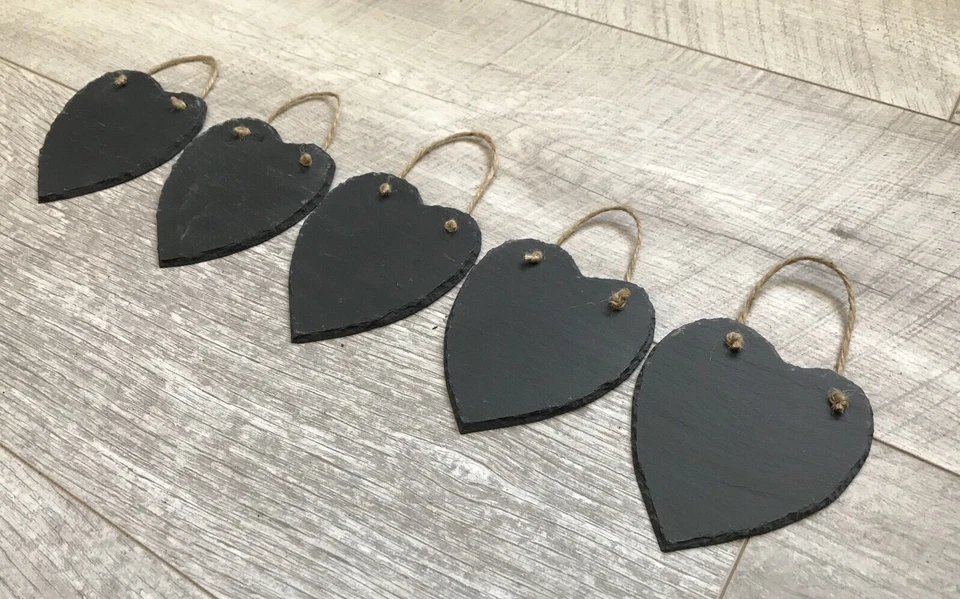 X 20 Handmade Slate Hanging Heart Chalkboard Name Tags Wedding Favours 10cm - Image 3 of 4