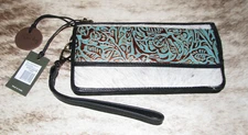 Myra Bag #8465 Hairon, Embossed Leather 7.5"x4" Wallet~Card Slots~Pockets~Snap~