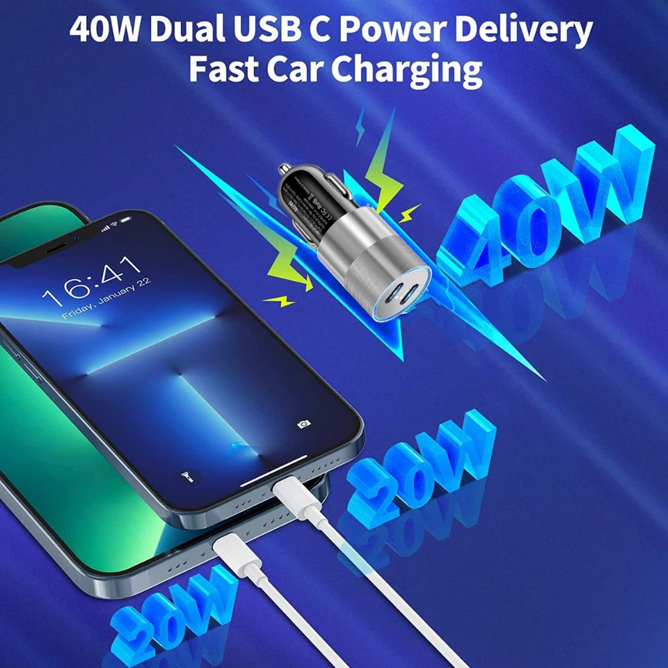 Зарядное устройство автомобильное быстрое PD 40 Вт двойной USB-C кабель типа C для iPhone 15Plus 16e 17 Pro Max - Изображение 4 из 4