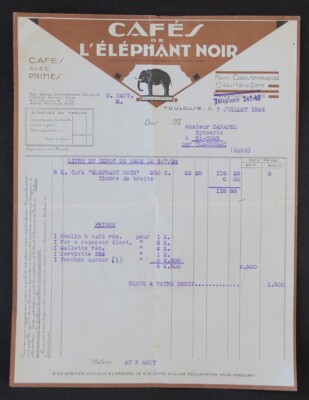 Rechnung 1933 TOULOUSE CAFE DE L ELEPHANT NOIR CALESTROUPAT illustriert 66