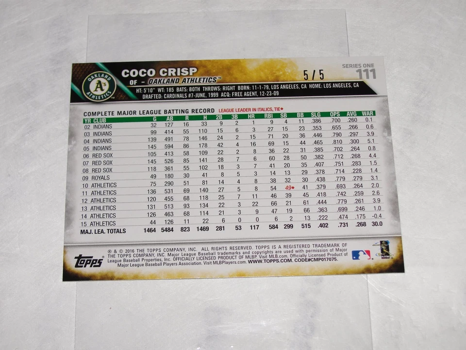 2016 Topps Series One COCO CRISP #111 Red Mini Variant/5 Oakland A's Athletics - Image 2 of 2