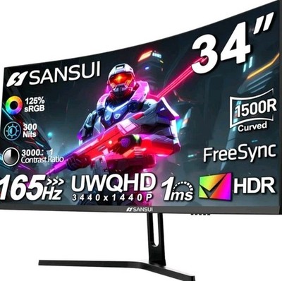 SANSUI 34-Inch Curved Gaming Monitor UWQHD 3440 x 1440 165Hz 1500R -PIP HDR NEW