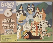 Bluey 6 Wood Puzzles with Wooden Storage Box Large Pieces . New Sealed
