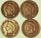 4 Rare Old West Indian Head Cents Pennies 1889, 1891, 1899, 1902 Nicely toned VG