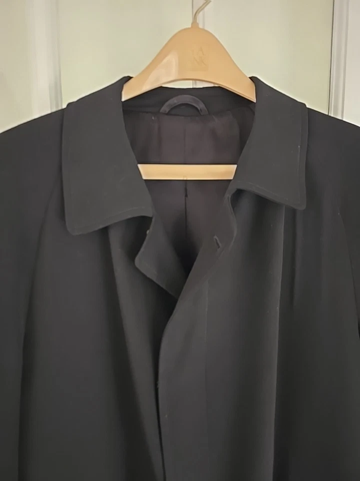 Gabardina vintage BILL BLASS pura lana 40 corta negra 47" largo bolsillo con botones Foto 3 de 4