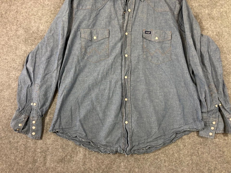 Wrangler Western Shirt Mens XL Blue Chambray Pearl Snap Front Long Sleeve Cowboy - Image 4 of 4