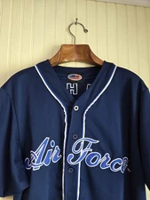 Air Force Shirt Mens XL Blue Button Up Baseball Jersey Aim High USA Flag Patch