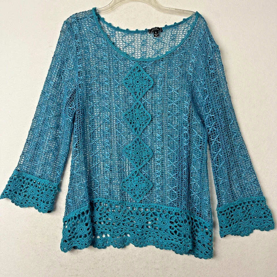 Lote de 2 Top Lisa International Talla XL Azul Verde azulado Cinta Crochet Manga Campana Foto 2 de 4