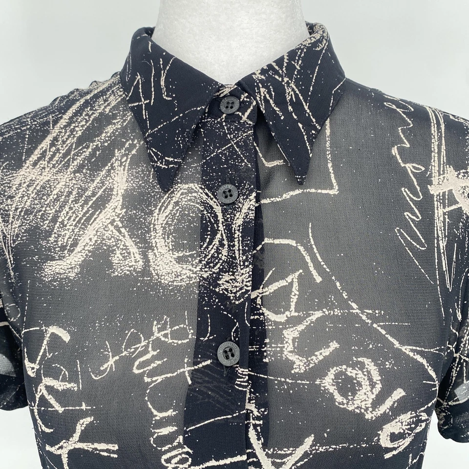 Camisa jeans Moschino feminina tamanho 8 preta branca grafite transparente botão para cima Itália - Imagem 3 de 4