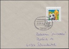 1718 Fußball-WM: Verzähnung durch Marke auf Brief SSt ESSEN Fußball 5.5.1994