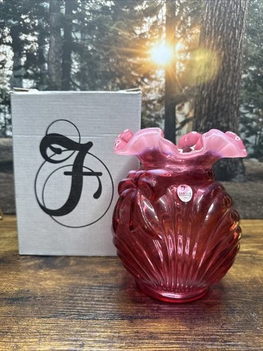 Fenton Cranberry Opalescent Country Caprice Vase w/Box and Sticker! F25