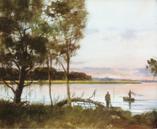 1983 Vintage Print Seine Net Fishing Sunset South Carolina Sea Watercolor Image