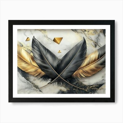Golden And Black 3d With Feathers A Framed Wall Art Poster Canvas Print Picture