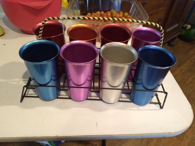1950's Set of Hostess Ware Colorama ice tea cups with Holder and Pitcher
