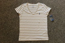 New Polo Ralph Lauren Women's V-Neck Tee Shirt T-Shirt - SMALL - Brown / White