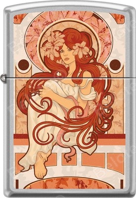 Zippo Nouveau Woman Red Long Hair Alphonse Mucha Style Street Chrome Lighter