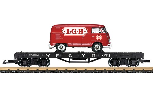 LGB 40597: Flachwagen beladen mit LGB-Bus, 4-achsig, NEU | Zustand: Neu
