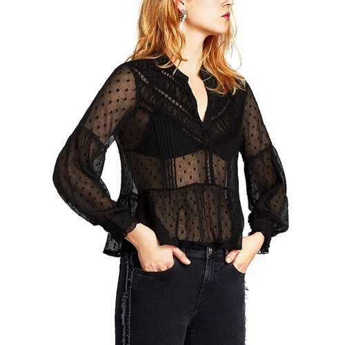 Zara Blouse M Black Sheer Ruffle Swiss Dot Long Sleeve Chiffon Top Shirt Buttons - Picture 2 of 7