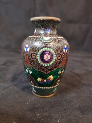 Antique Chinese Cloisonne Vase Multi Color Beautiful Design Blue Interior - Picture 3 of 24