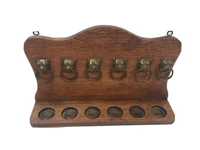 6 WOOD SMOKING PIPES DISPLAY STAND WITH BULLDOGS SOLID OAK VINTAGE