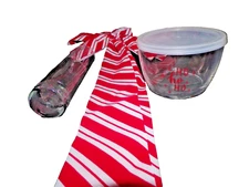 3 LOT, Glass 4" holiday Bowl with Lid Flower vase & 19" bow CLtb