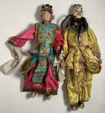 Antique Chinese Opera Doll Puppet Handmade Pair Fine Old Embroidered Fabric 21"