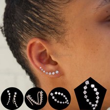 Trendy Women Ear Climber UK Rhinestone CZ Sterling Silver Cuff Girls Earrings