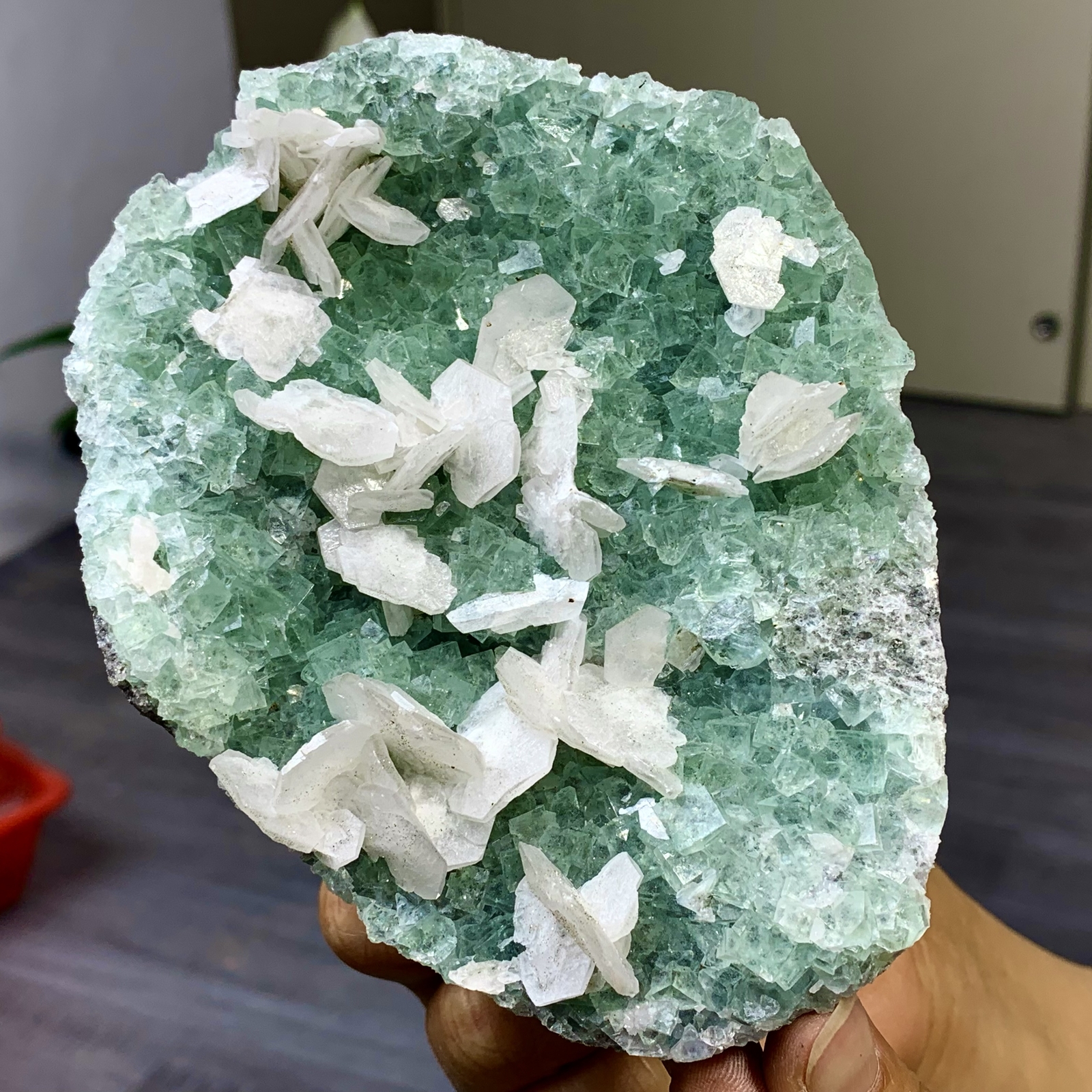 1.34LB Natural Green Cube Fluorite with Calcite Mineral Specimen from China