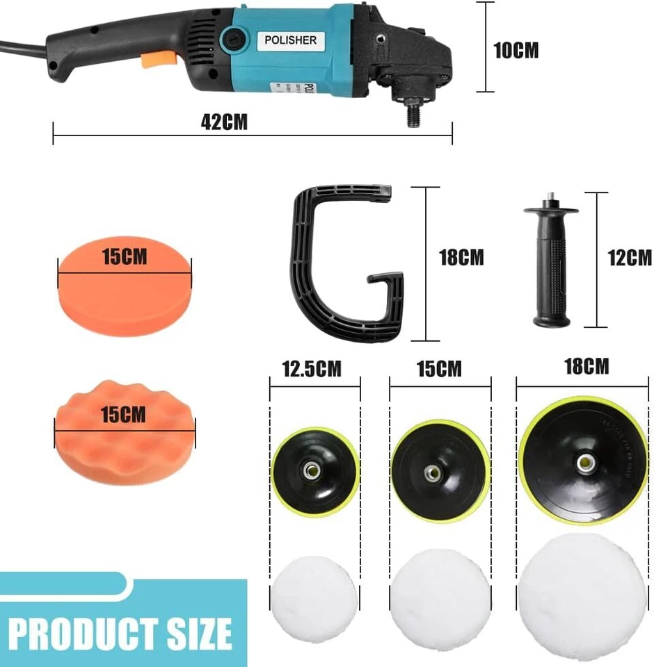 Polisher Car Buffer Pad Electric Machine Tool Kit 6 Speed 1600W 240V 180mm 150mm - image 2 of 4