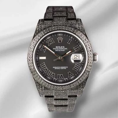 Rolex Datejust 41Mm Noir IcedOut 10Ct Diamant Cadran Romain Montre 116300 - Photo 1/4