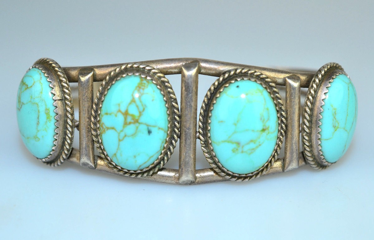 VINTAGE NAVAJO HERMAN LEE SIGNED STERLING SILVER 4 OVAL TURQUOISE