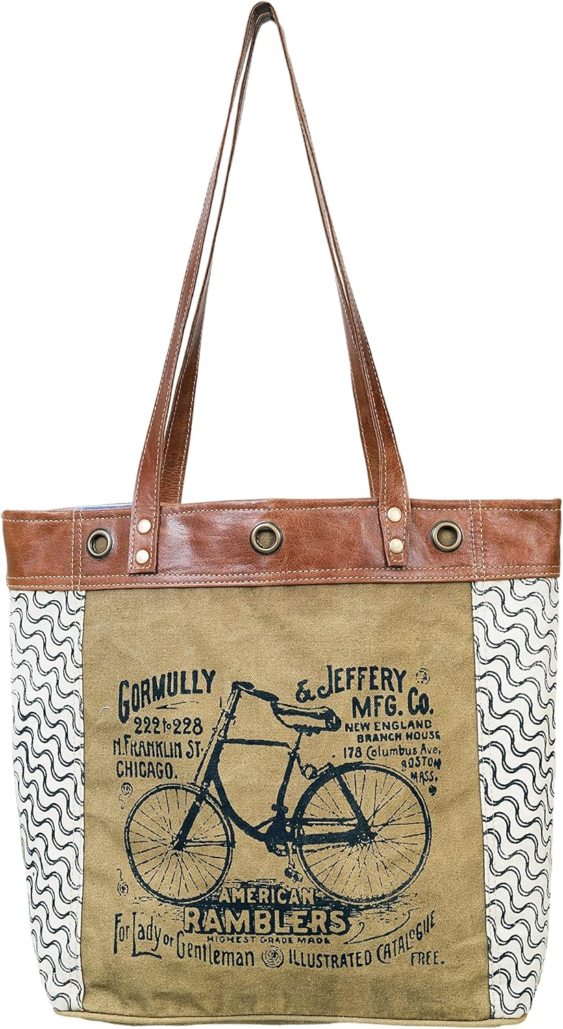 Khaki Bicycle Print Canvas & Leather Tote Bag 16x13x4 Inches-image