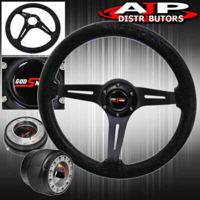 For 89-05 Eclipse Black Wood Grain Sparkling Steering Wheel + Slim Quick Release