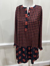 Ann Taylor LOFT Women Red Navy  Button Front Long Sleeve Dress S
