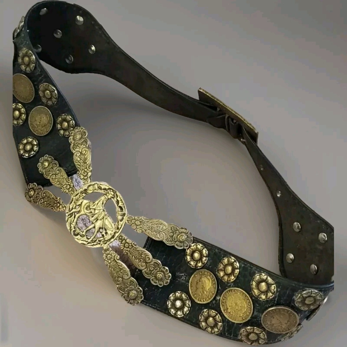 Vintage Argentine Leather Solid Brass Flower And Coin Belt  display picture 2