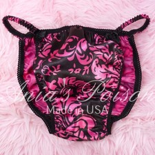 Sissy Satin Panties for MEN - Hot Pink Black Floral Damask Bikini Or bra skirt