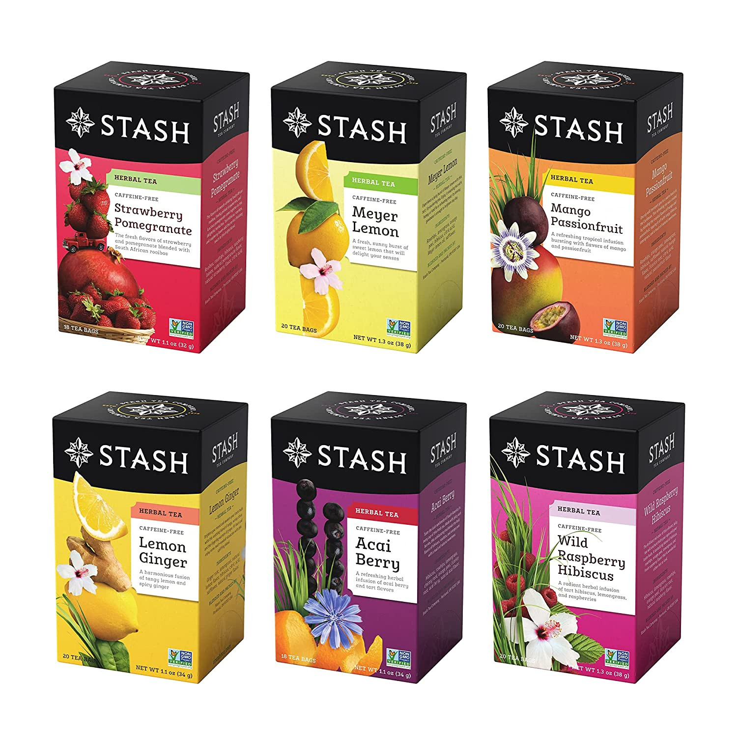 Tea Fruity Herbal Tea 6 Flavor Tea Sampler, 6 Boxes with 18-20 Tea Bags Each
