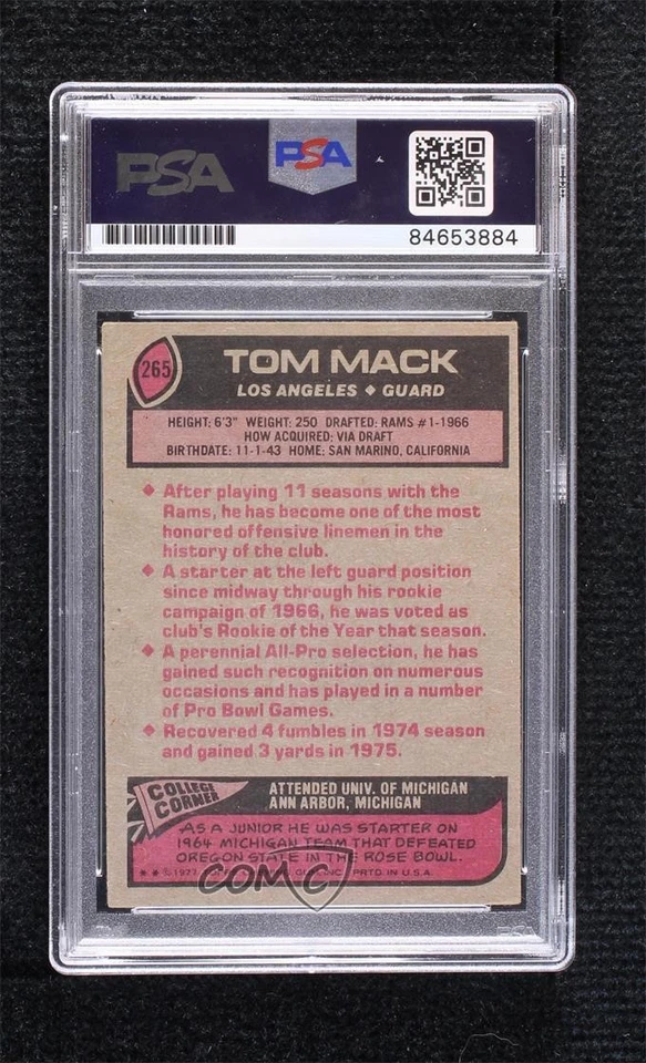 PSA/DNA 1977 Topps Tom Mack #265 Certified Authentic Auto HOF - Image 2 of 2