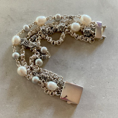 Michael Dawkins 925 Sterling Silver Multi-Strand Pearl Chain Bracelet, Box Clasp