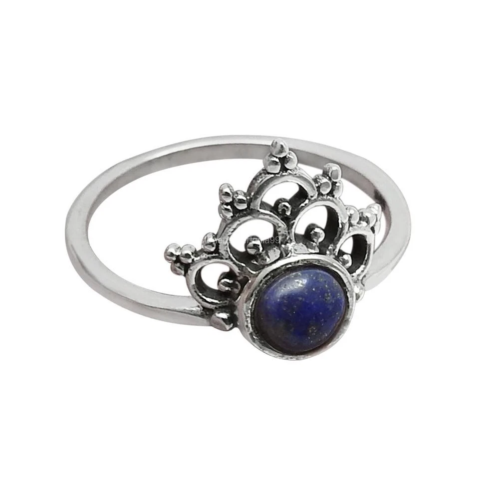 Corona de lapislázuli natural bisel único nuevo anillo banda plata esterlina maciza EE. UU. 8 Foto 3 de 4