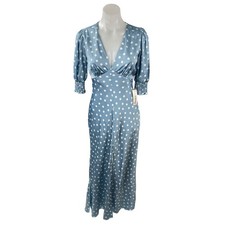 NEW B Darlin Blue Polka Dots Silk Satin Half Puff Sleeve Maxi Dress Size 7/8 