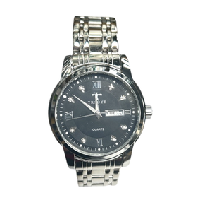 TRSOYE tono plateado cuarzo día-fecha esfera negra pulsera de acero inoxidable reloj de vestir